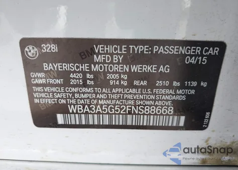 2015 BMW 328I from USA, damaged, VIN WBA3A5G52FNS88668